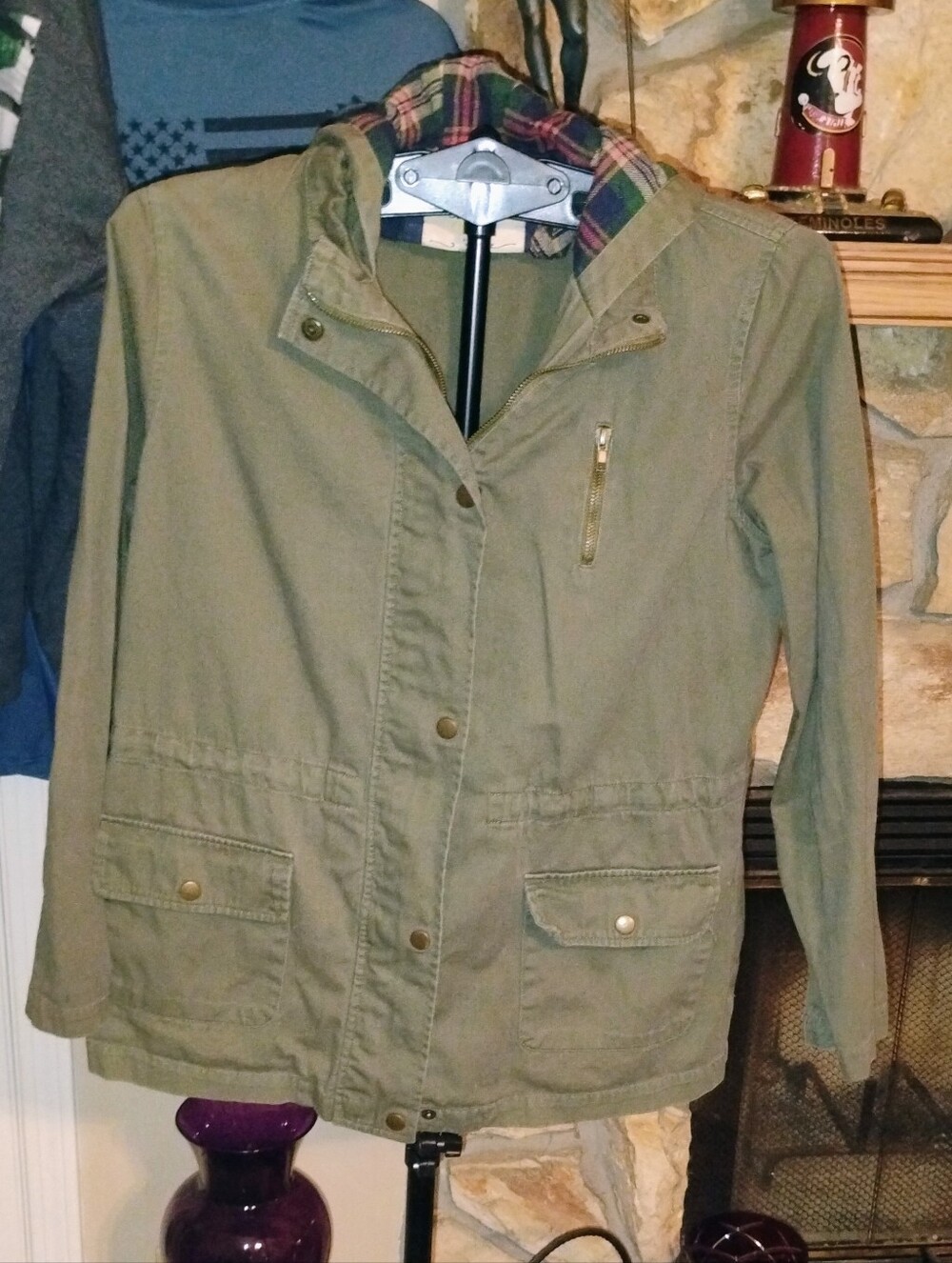 Ci Sono Originals Women’s L Olive Green Utility Field Jacket Hooded Plaid Lined